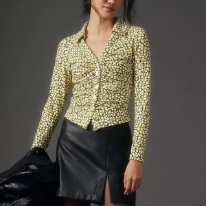 Maeve by Anthropologie Ruched Button-Front Shirt Yellow Abstract Print Small